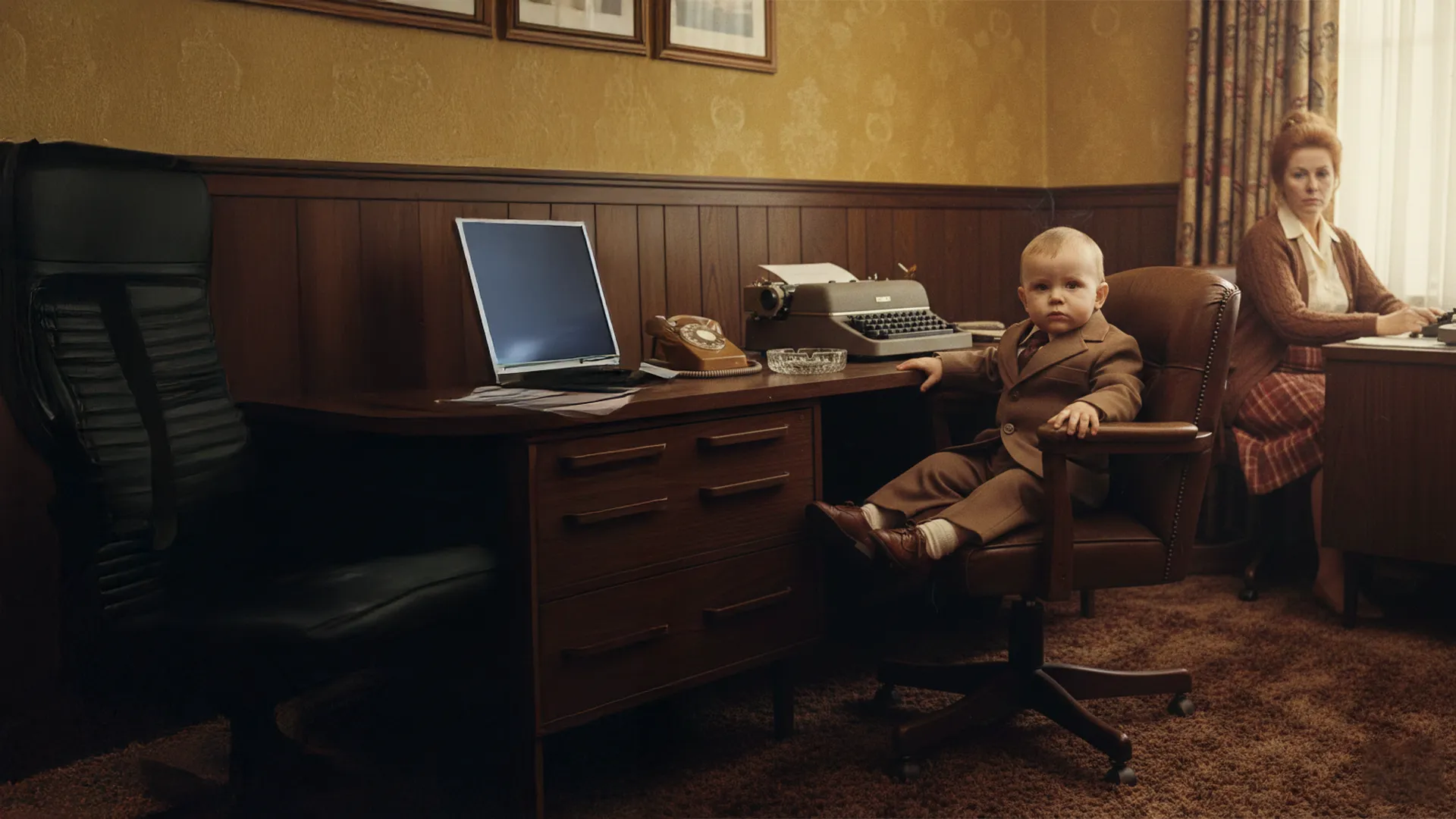 A toddler in a suit sits at a vintage executive desk, looking unimpressed