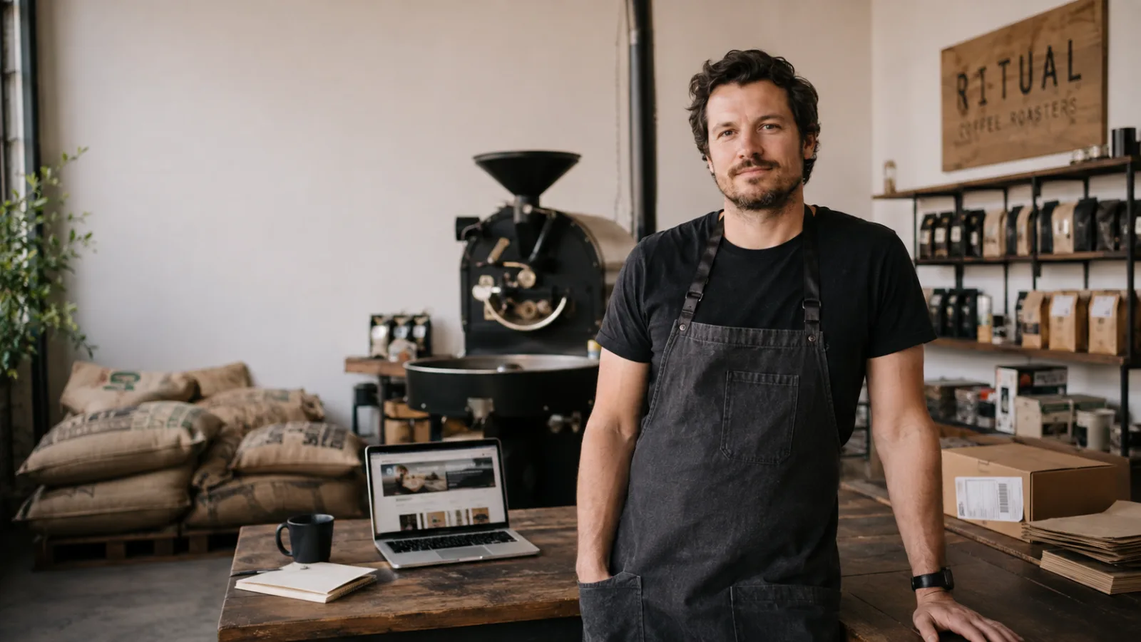 A coffee roaster stands at his counter with his Shopify storefront open on a laptop
