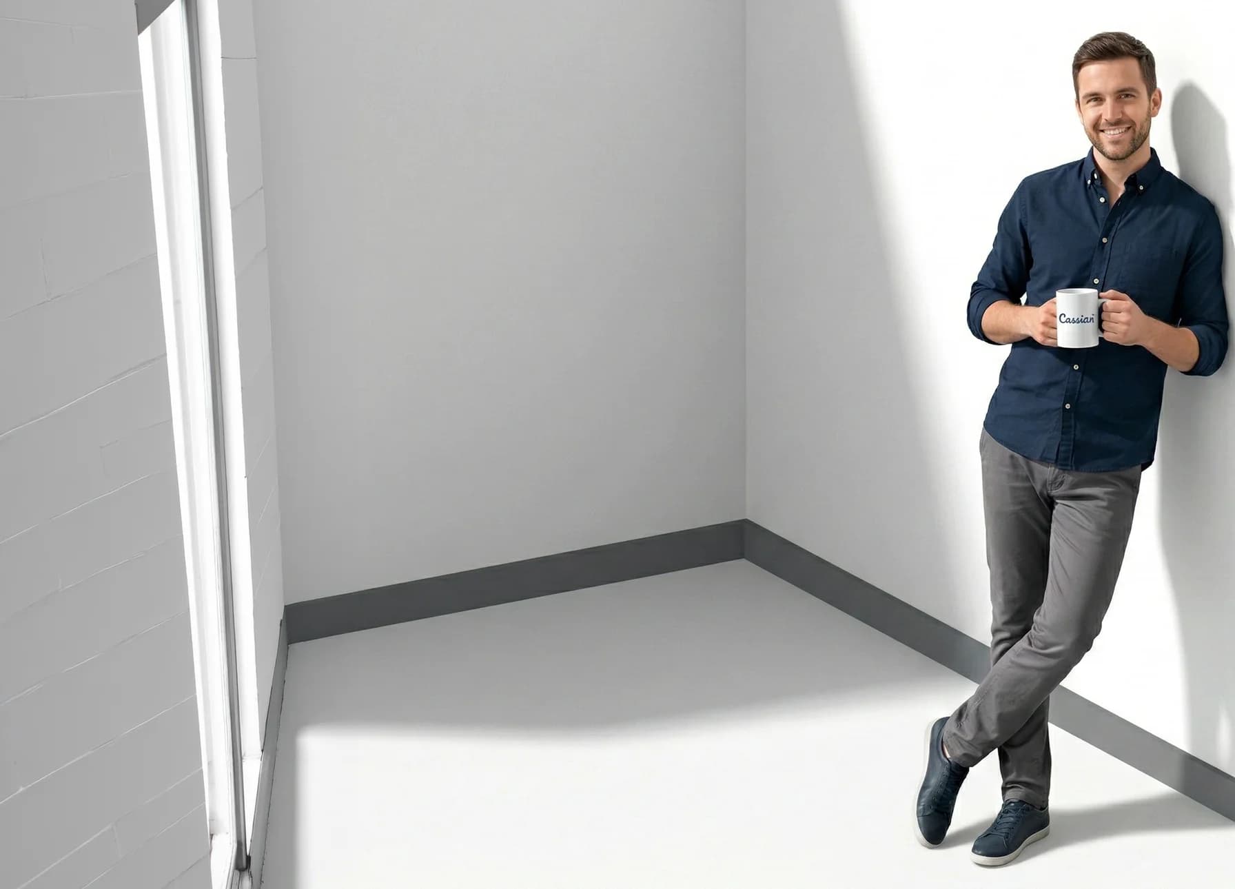 Store owner leaning against the wall, relaxed with a Cassian mug